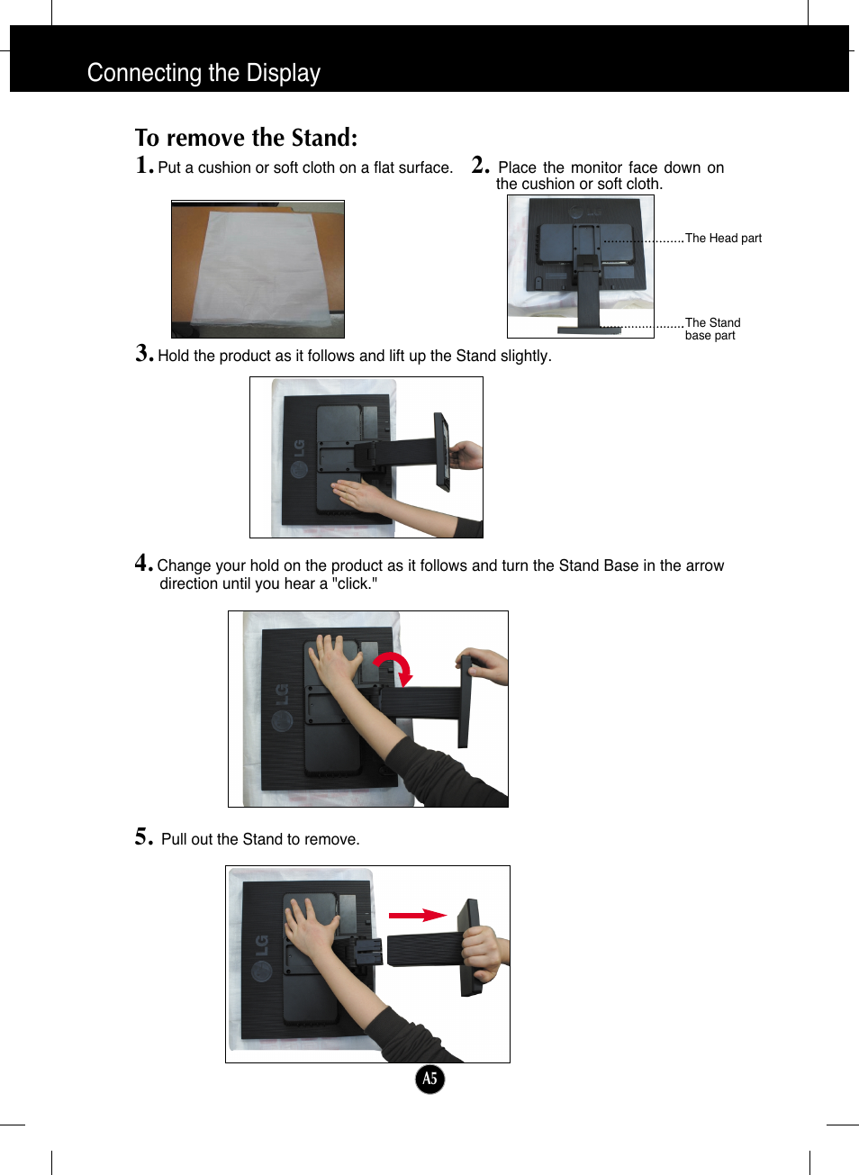 To remove the stand, Connecting the display | LG L1953H-BF User Manual | Page 6 / 30