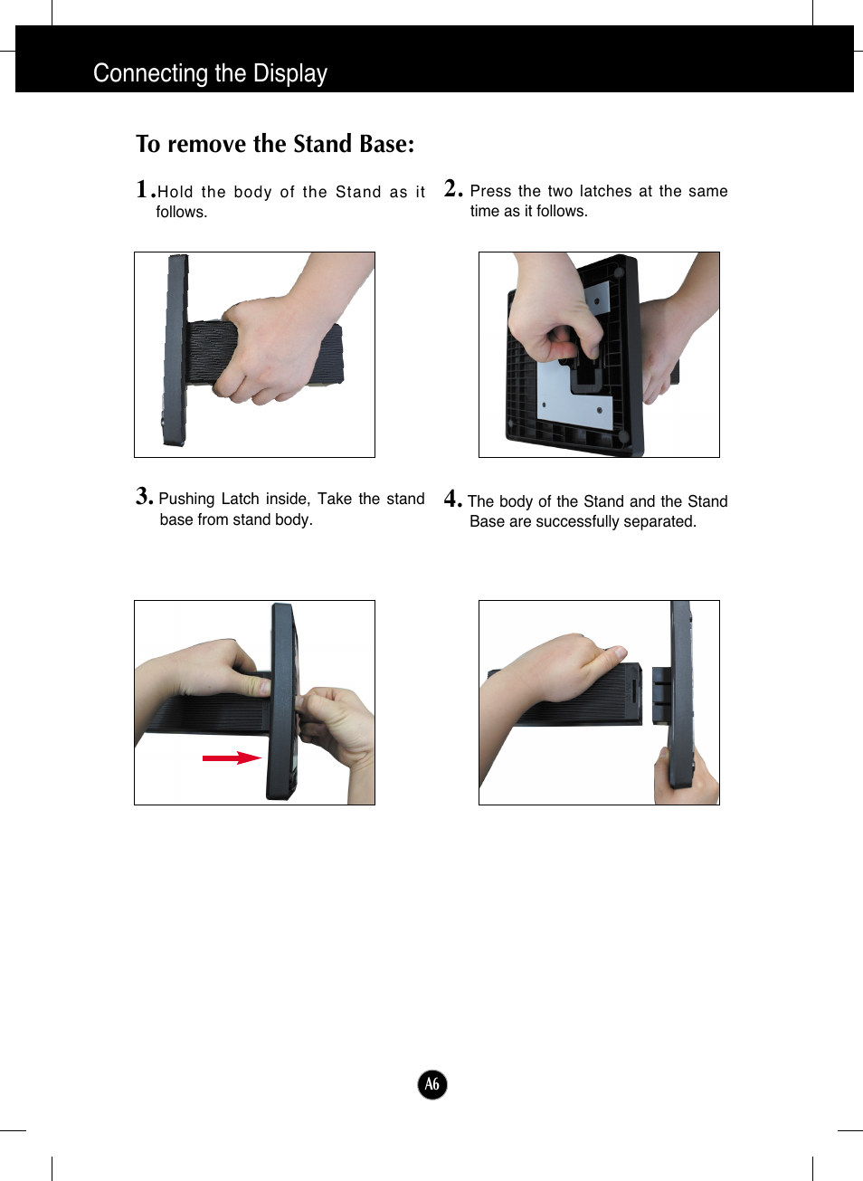 To remove the stand base, Connecting the display to remove the stand base: 1 | LG L1953H-BF User Manual | Page 7 / 30
