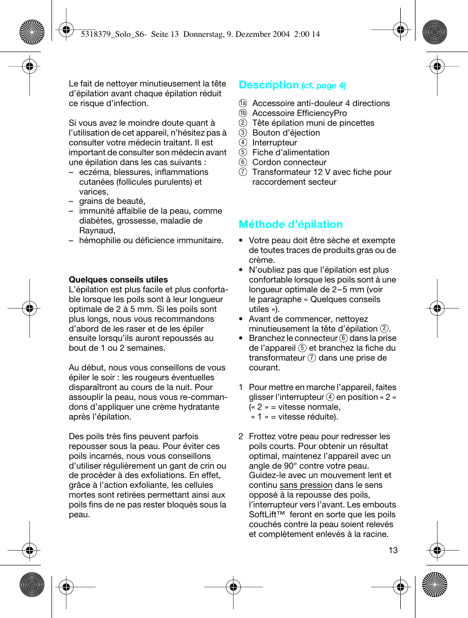 Description, Méthode d’épilation | Braun 3170 Solo User Manual | Page 12 / 57