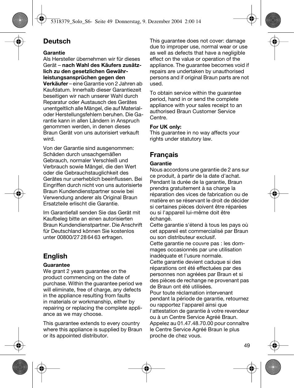 Deutsch, English, Français | Braun 3170 Solo User Manual | Page 48 / 57