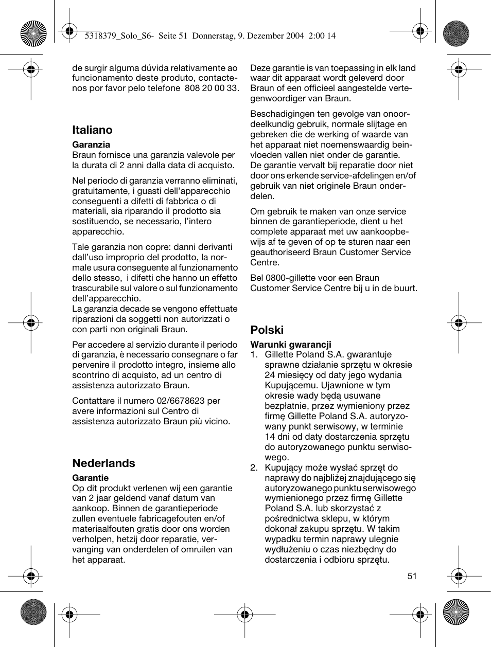 Italiano, Nederlands, Polski | Braun 3170 Solo User Manual | Page 50 / 57