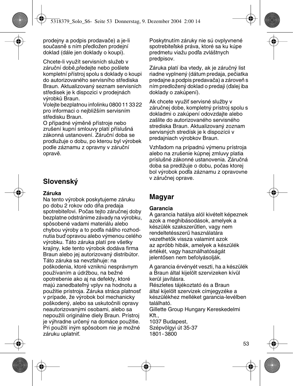 Slovensk, Magyar | Braun 3170 Solo User Manual | Page 52 / 57