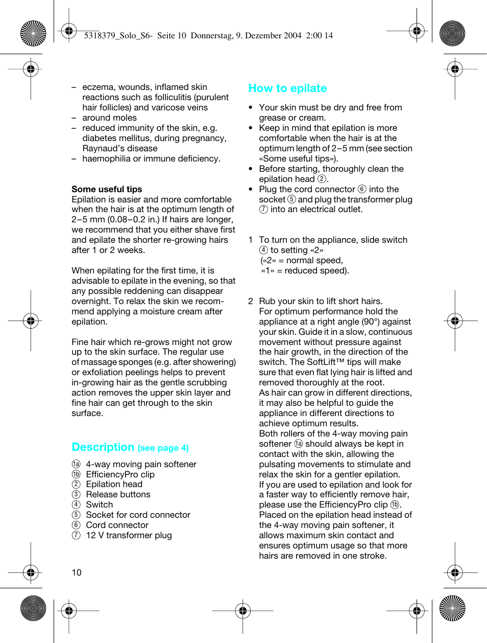 Description, How to epilate | Braun 3170 Solo User Manual | Page 9 / 57