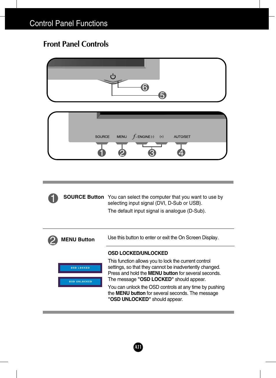 Control panel functions, Front panel controls | LG L206WU-PF User Manual | Page 12 / 28