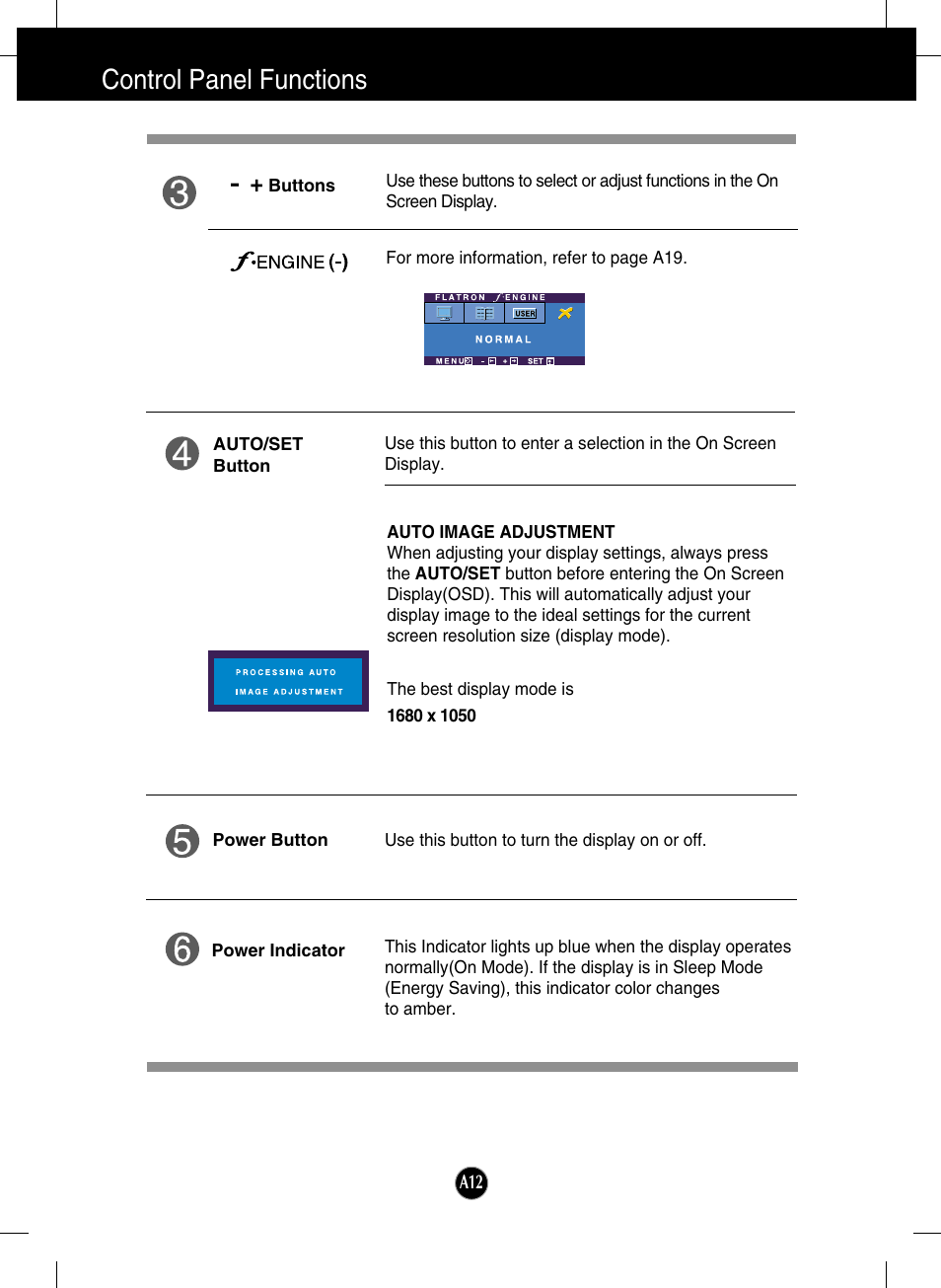 Control panel functions | LG L206WU-PF User Manual | Page 13 / 28