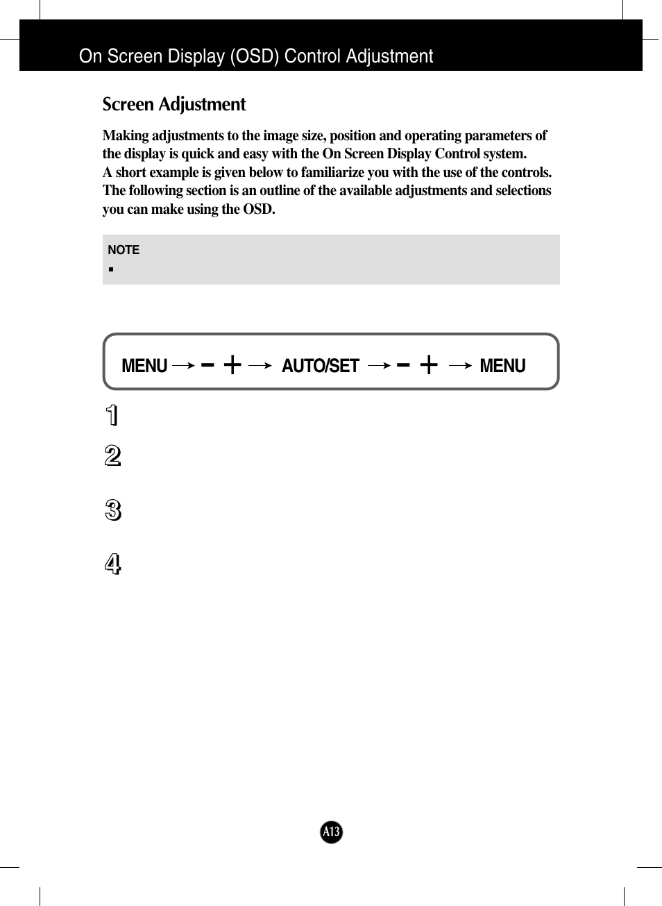 On screen display (osd) control adjustment, Screen adjustment | LG L206WU-PF User Manual | Page 14 / 28