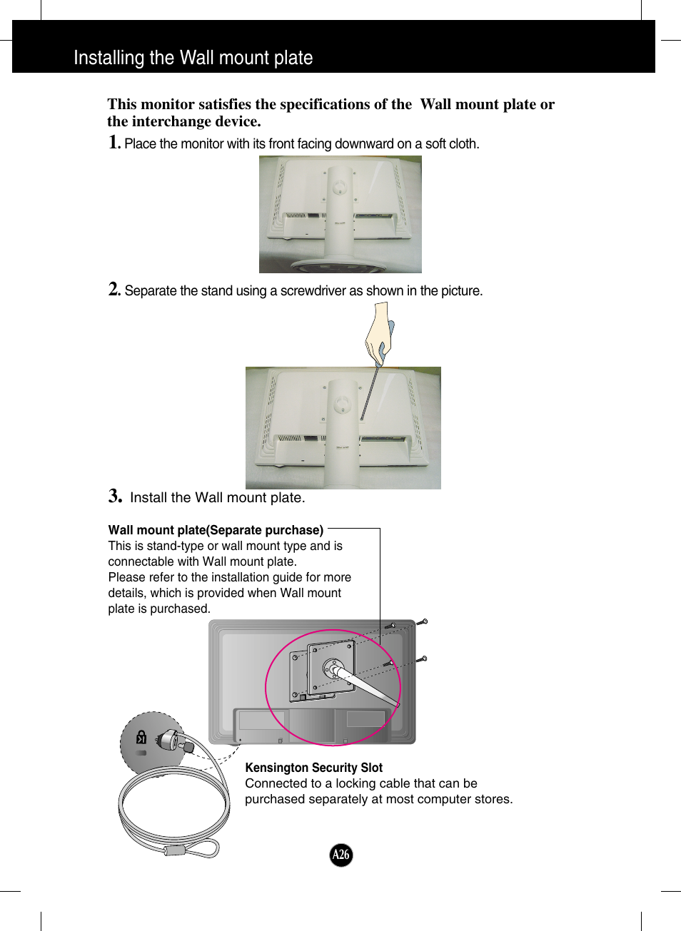Installing the wall mount plate | LG L206WU-PF User Manual | Page 27 / 28