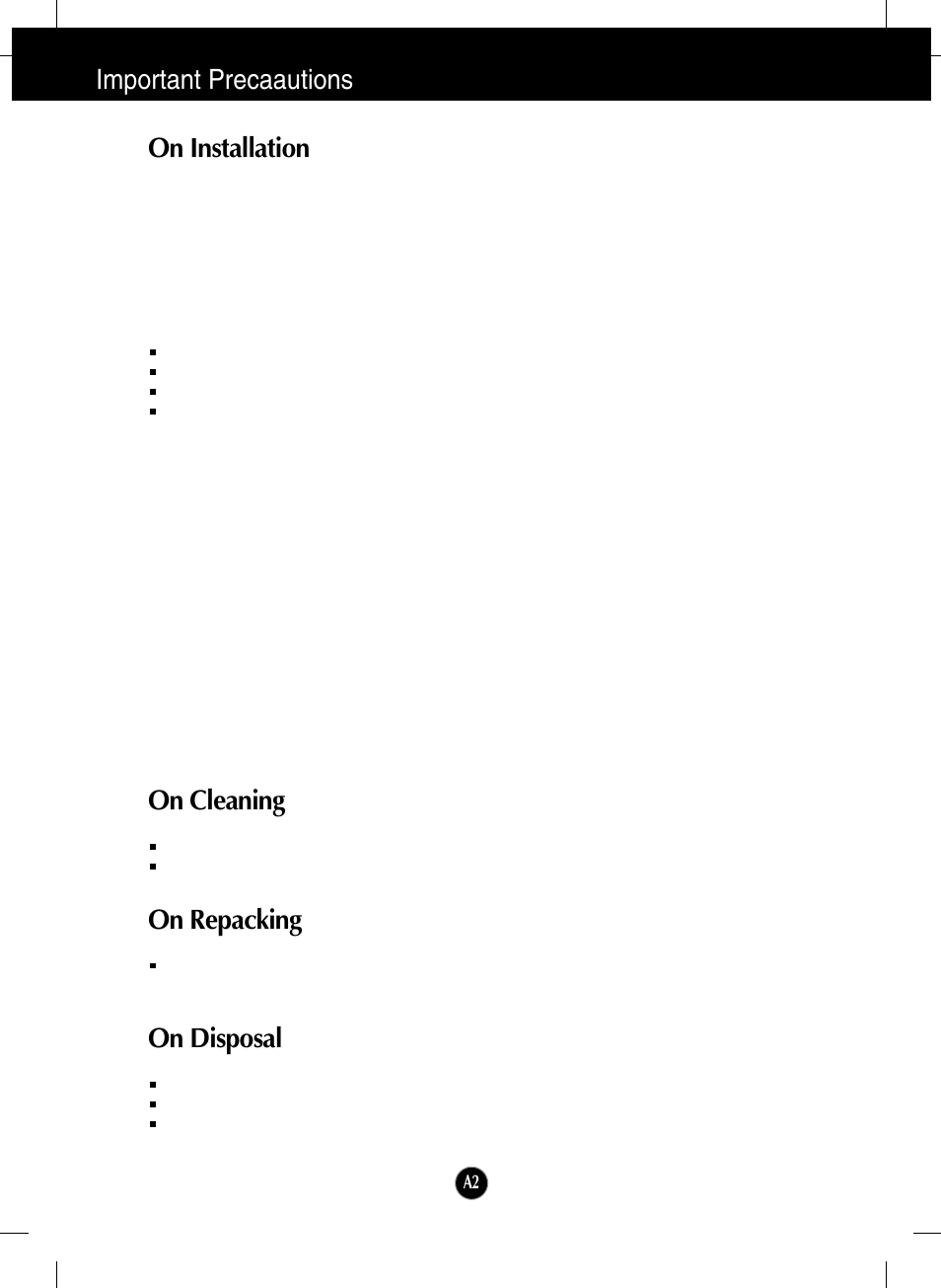 On installation, On cleaning, On repacking | On disposal, Important precaautions on installation | LG L206WU-PF User Manual | Page 3 / 28