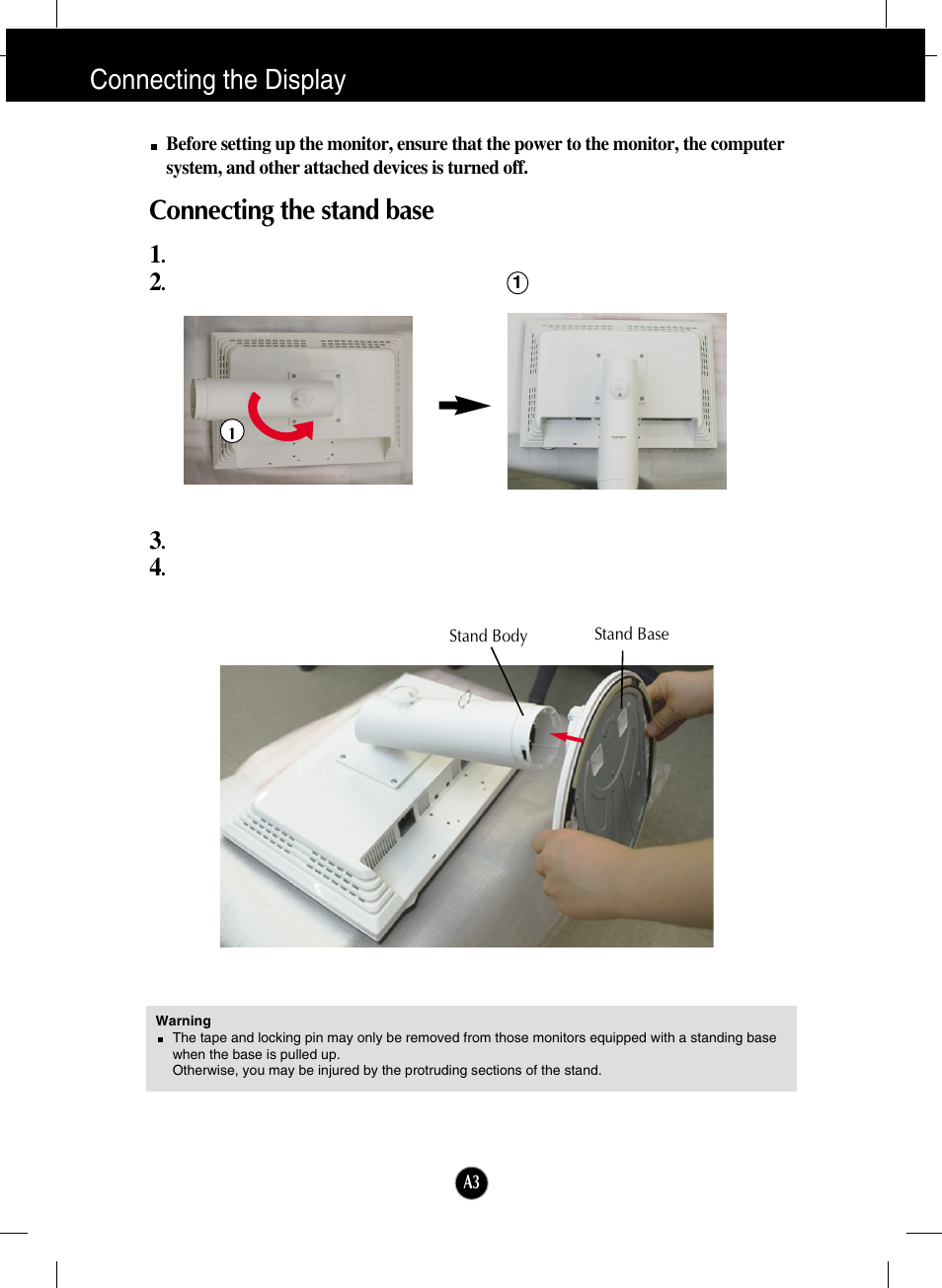 Connecting the display, Connecting the stand base | LG L206WU-PF User Manual | Page 4 / 28