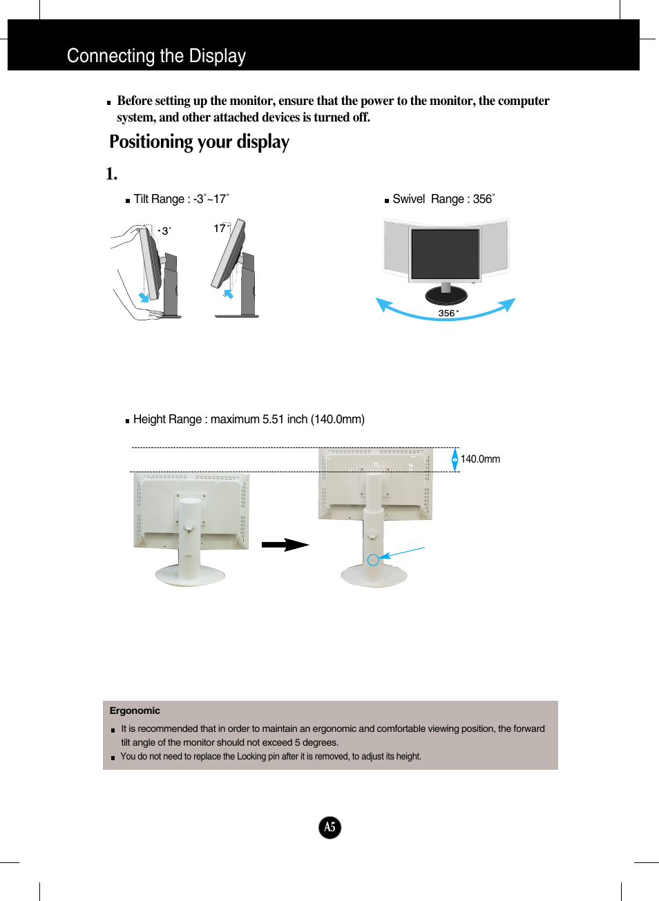 Positioning your display, Connecting the display | LG L206WU-PF User Manual | Page 6 / 28
