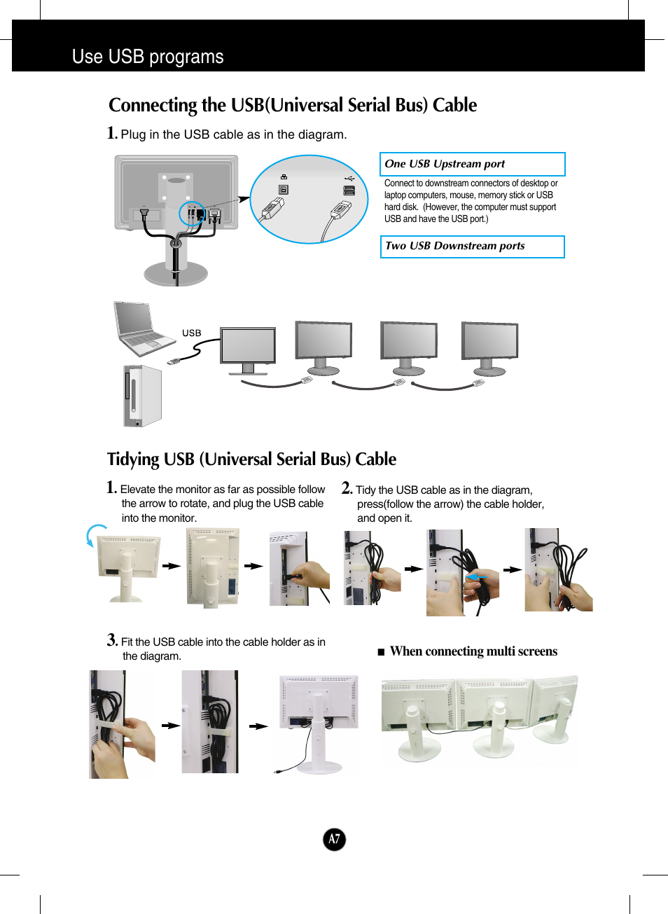 Use usb programs, Connecting the usb(universal serial bus) cable, Tidying usb (universal serial bus) cable | Tidying usb (universal serial bus) cable 3 | LG L206WU-PF User Manual | Page 8 / 28