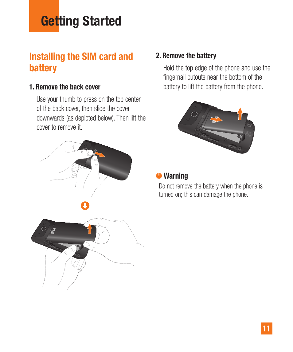 Installing the sim card and battery, Getting started | LG A380 User Manual | Page 11 / 114