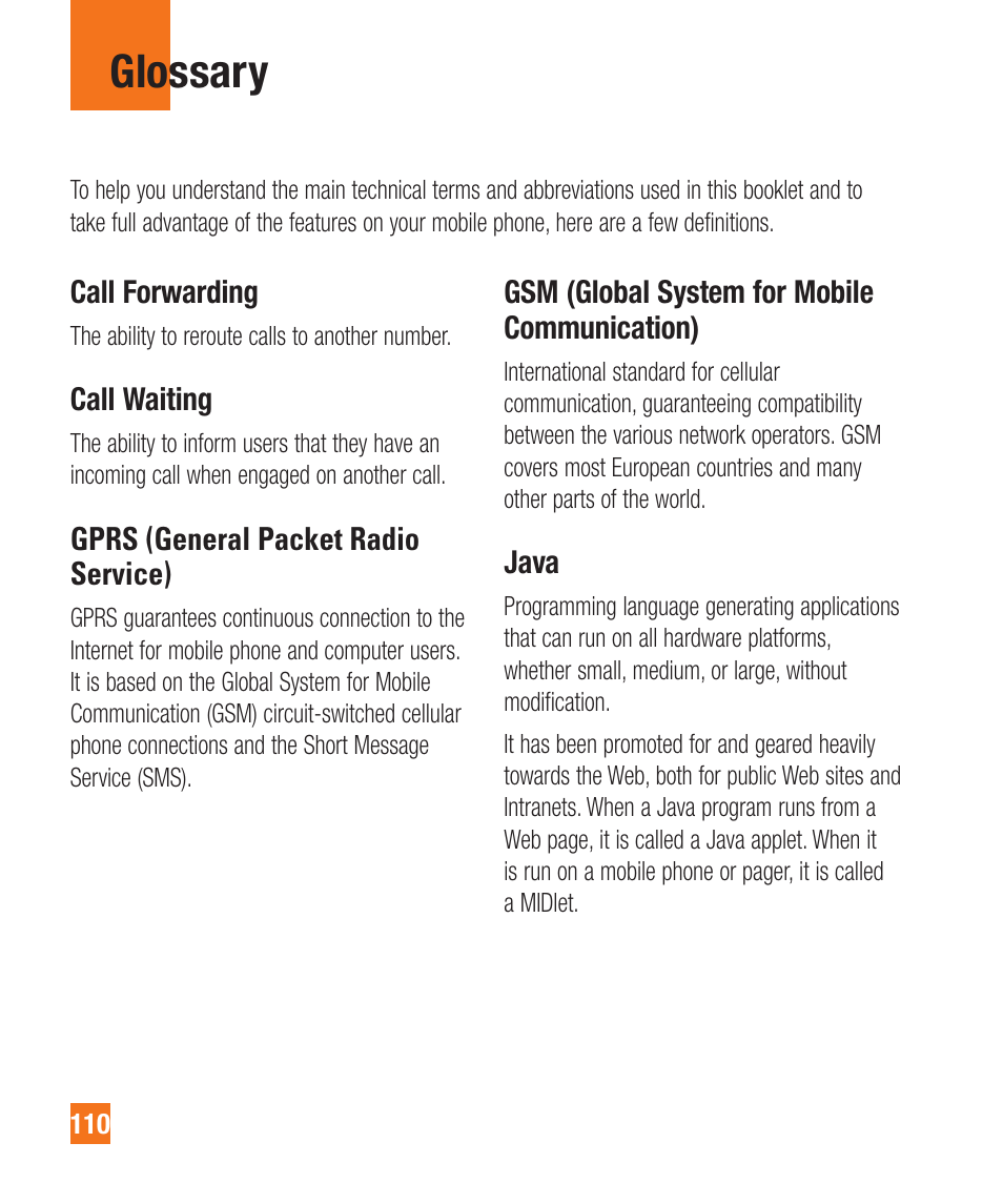 Glossary | LG A380 User Manual | Page 110 / 114