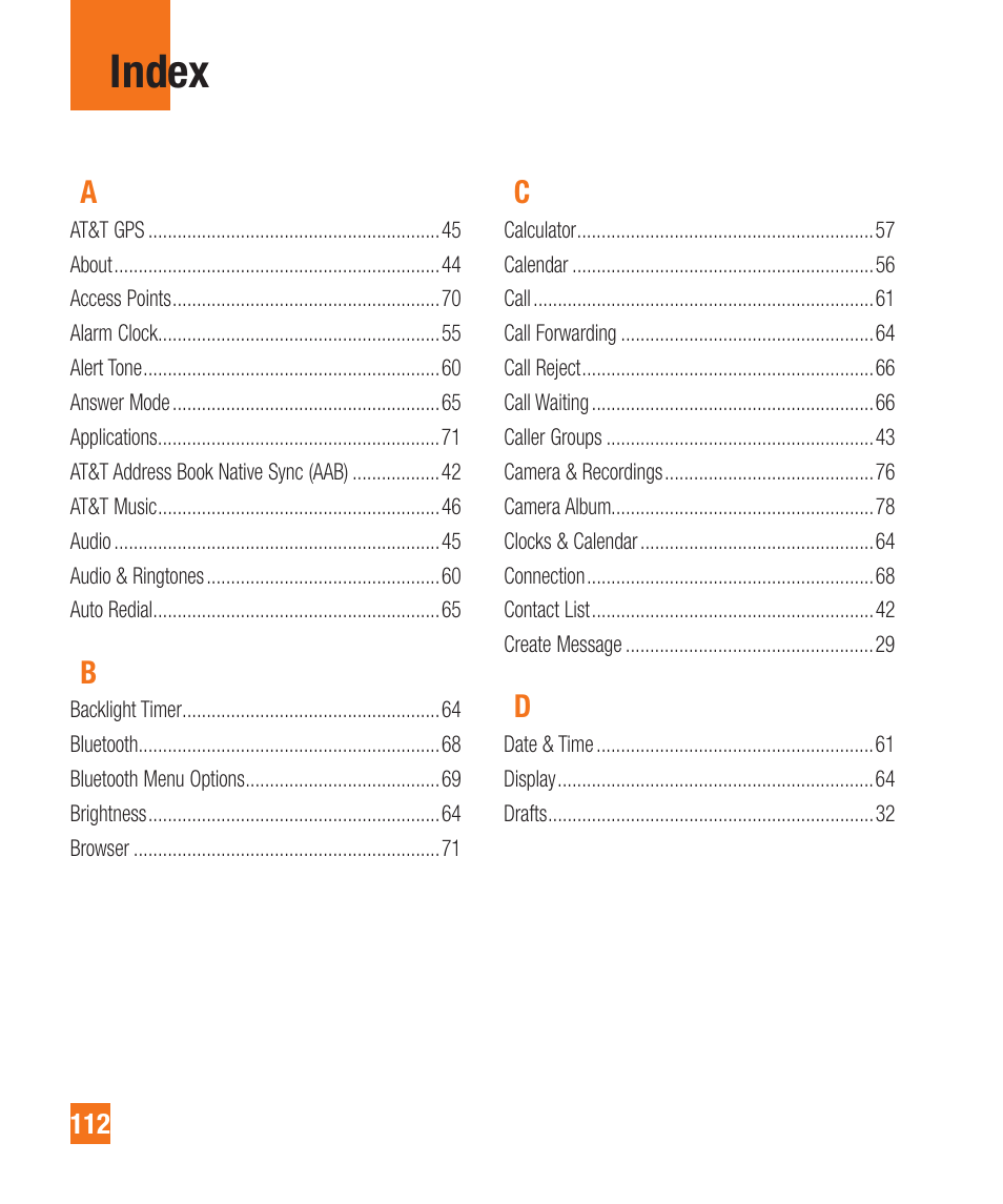 Index | LG A380 User Manual | Page 112 / 114