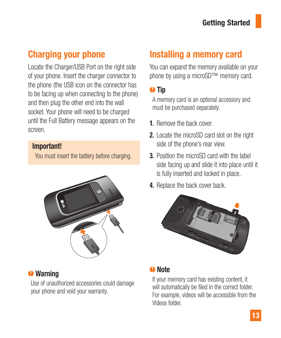 Installing a memory card, Charging your phone | LG A380 User Manual | Page 13 / 114