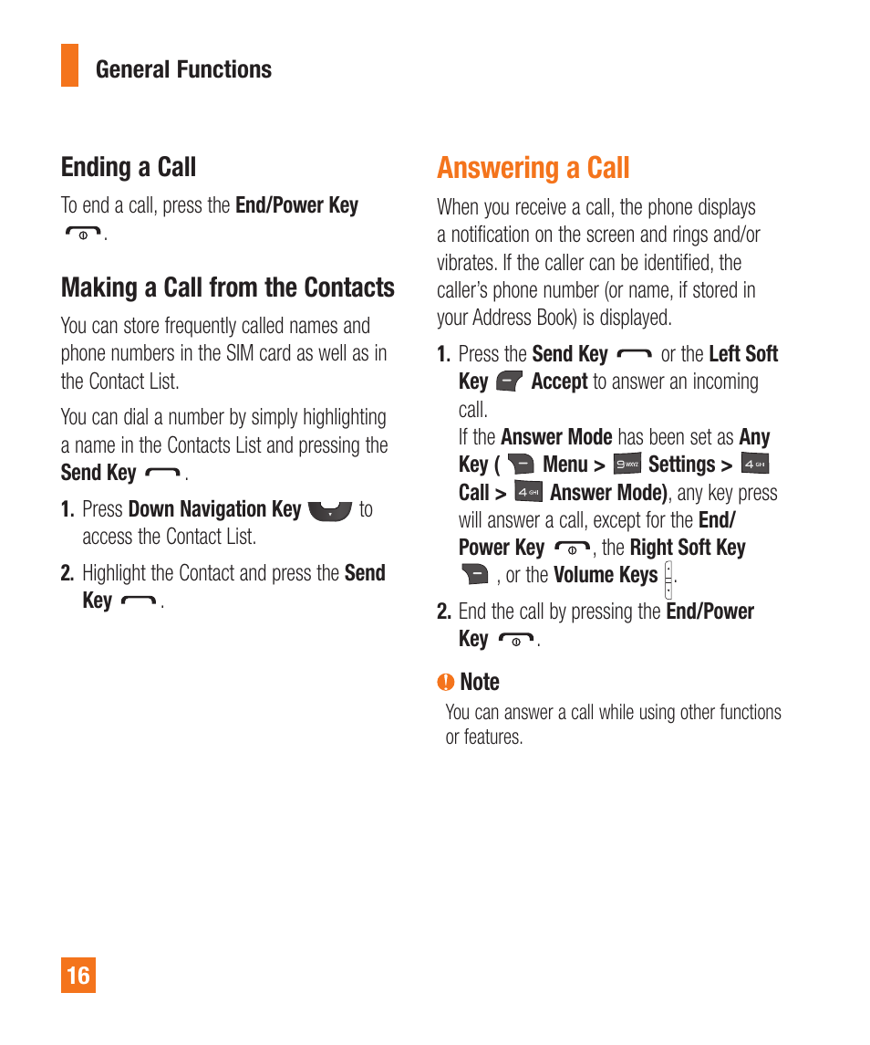 Answering a call, Ending a call, Making a call from the contacts | LG A380 User Manual | Page 16 / 114