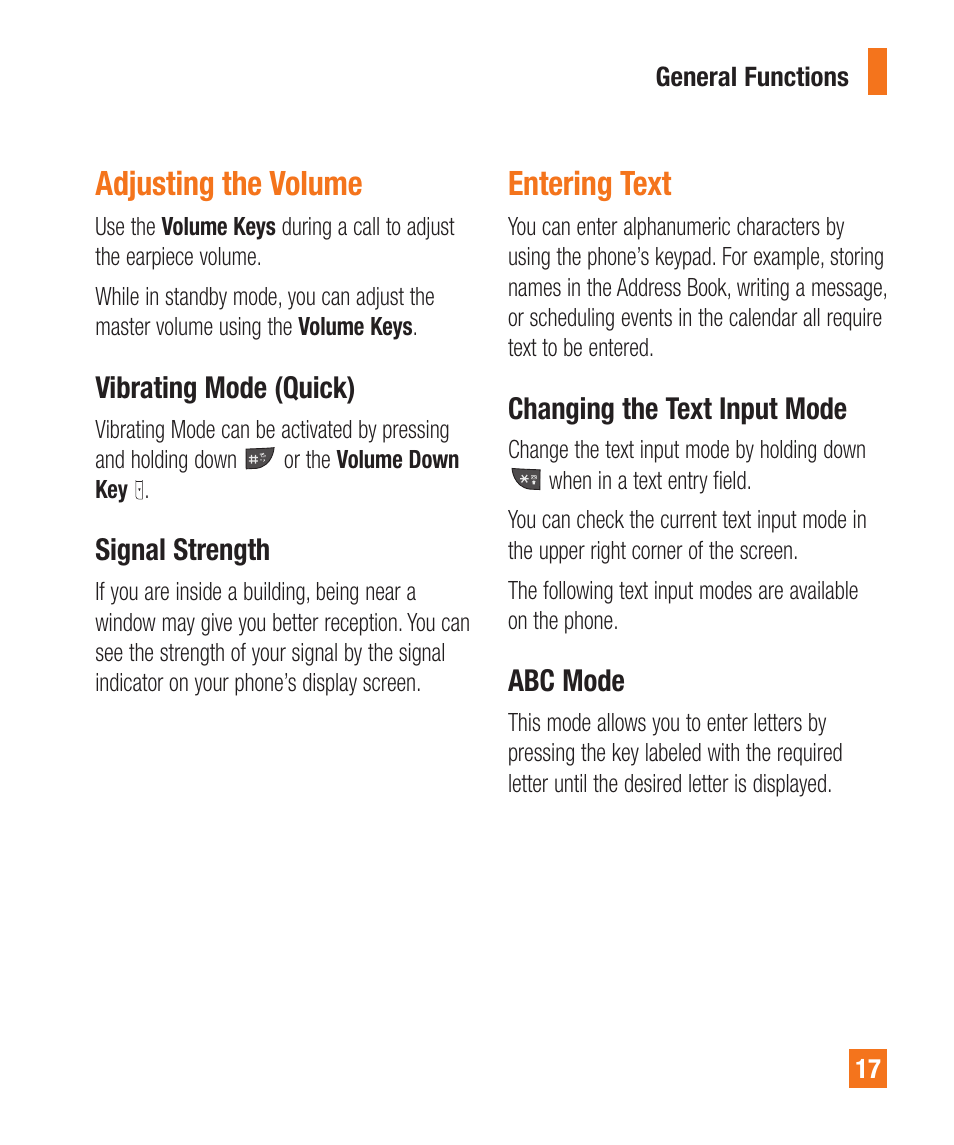 Entering text, Adjusting the volume | LG A380 User Manual | Page 17 / 114