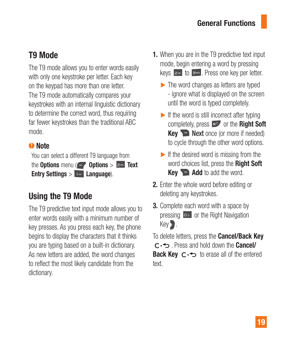 T9 mode, Using the t9 mode | LG A380 User Manual | Page 19 / 114