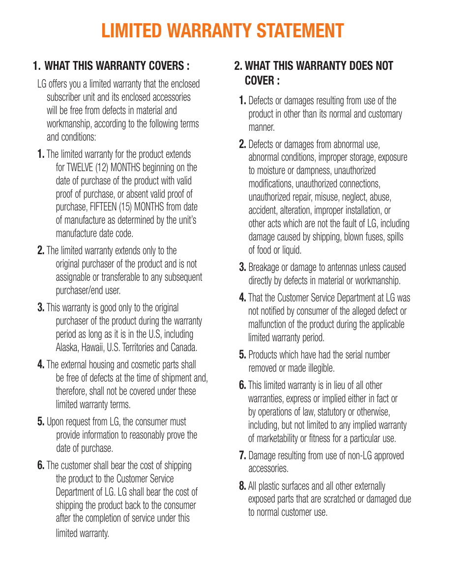Limited warranty statement | LG A380 User Manual | Page 2 / 114