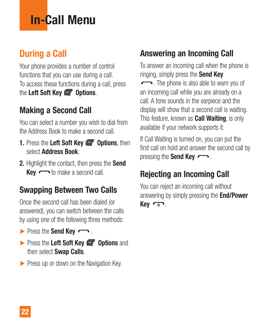 During a call, Making a second call, Swapping between two calls | Answering an incoming call, Rejecting an incoming call, In-call menu | LG A380 User Manual | Page 22 / 114