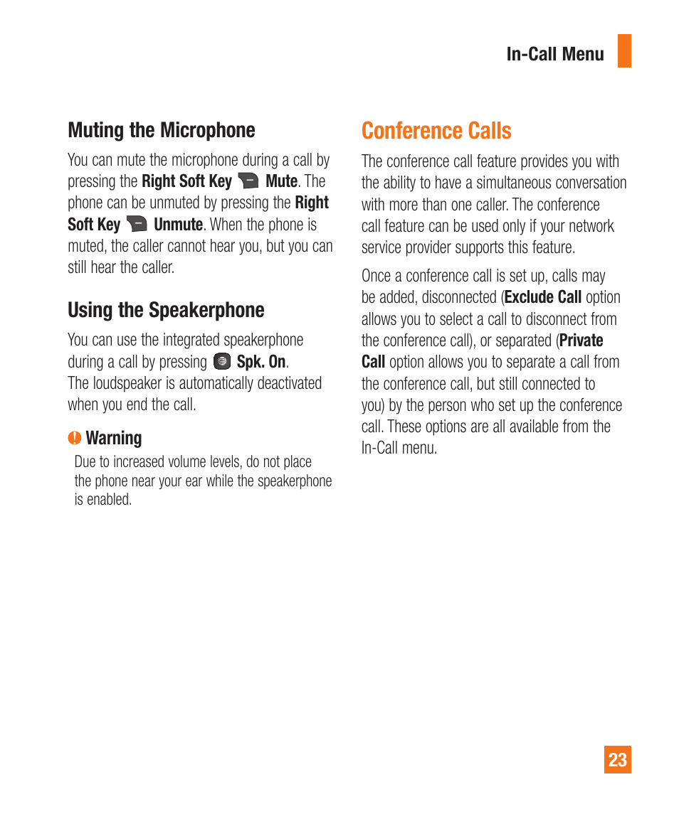 Conference calls, Muting the microphone, Using the speakerphone | LG A380 User Manual | Page 23 / 114
