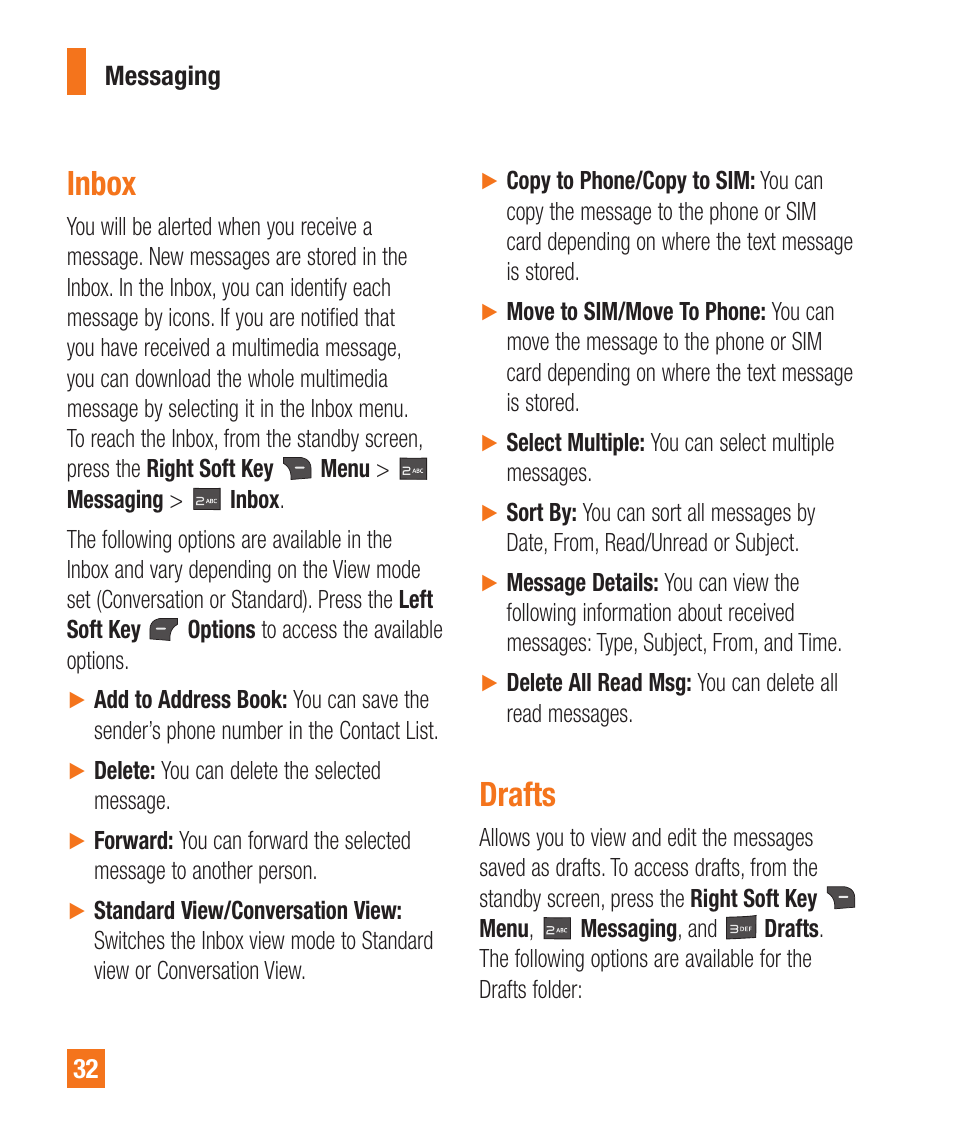 Drafts, Inbox | LG A380 User Manual | Page 32 / 114