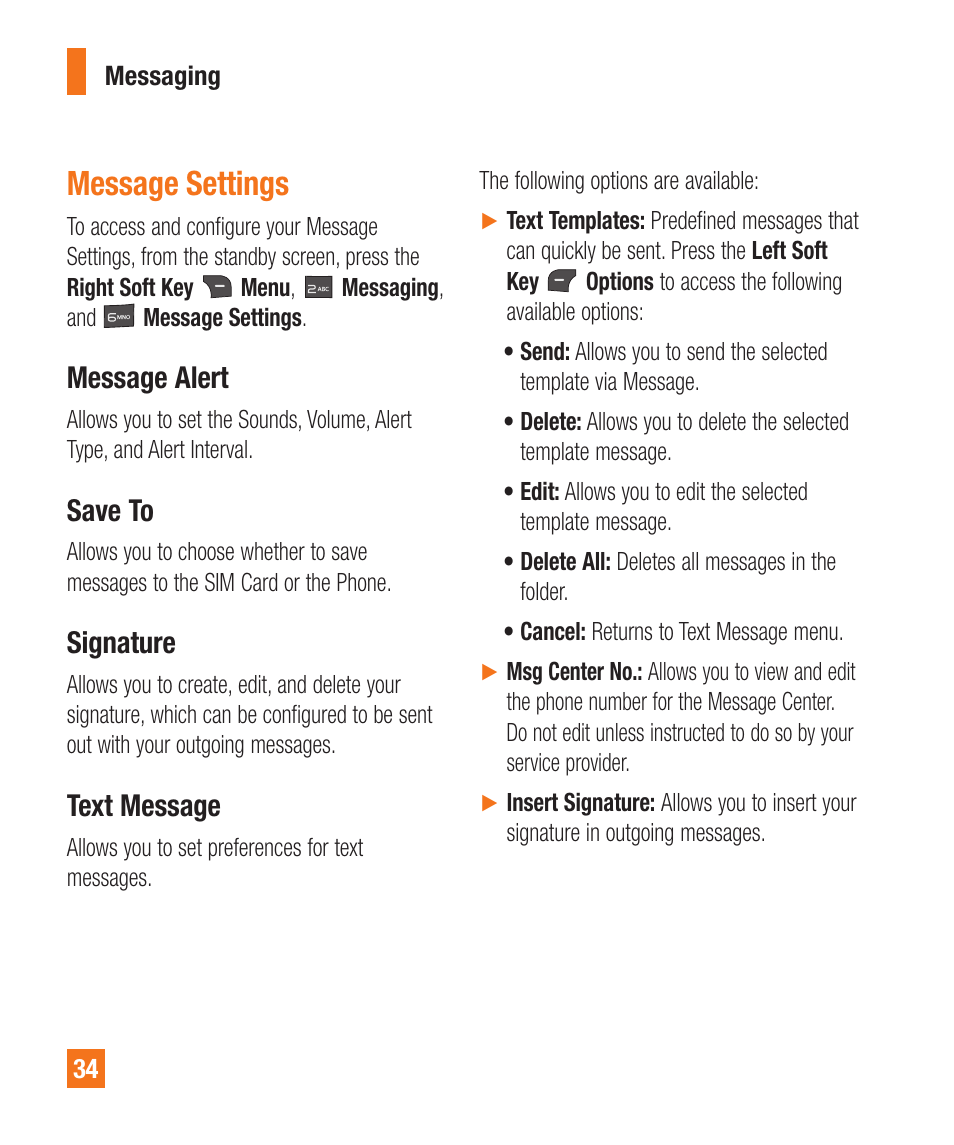 Message settings, Message alert, Save to | Signature, Text message | LG A380 User Manual | Page 34 / 114