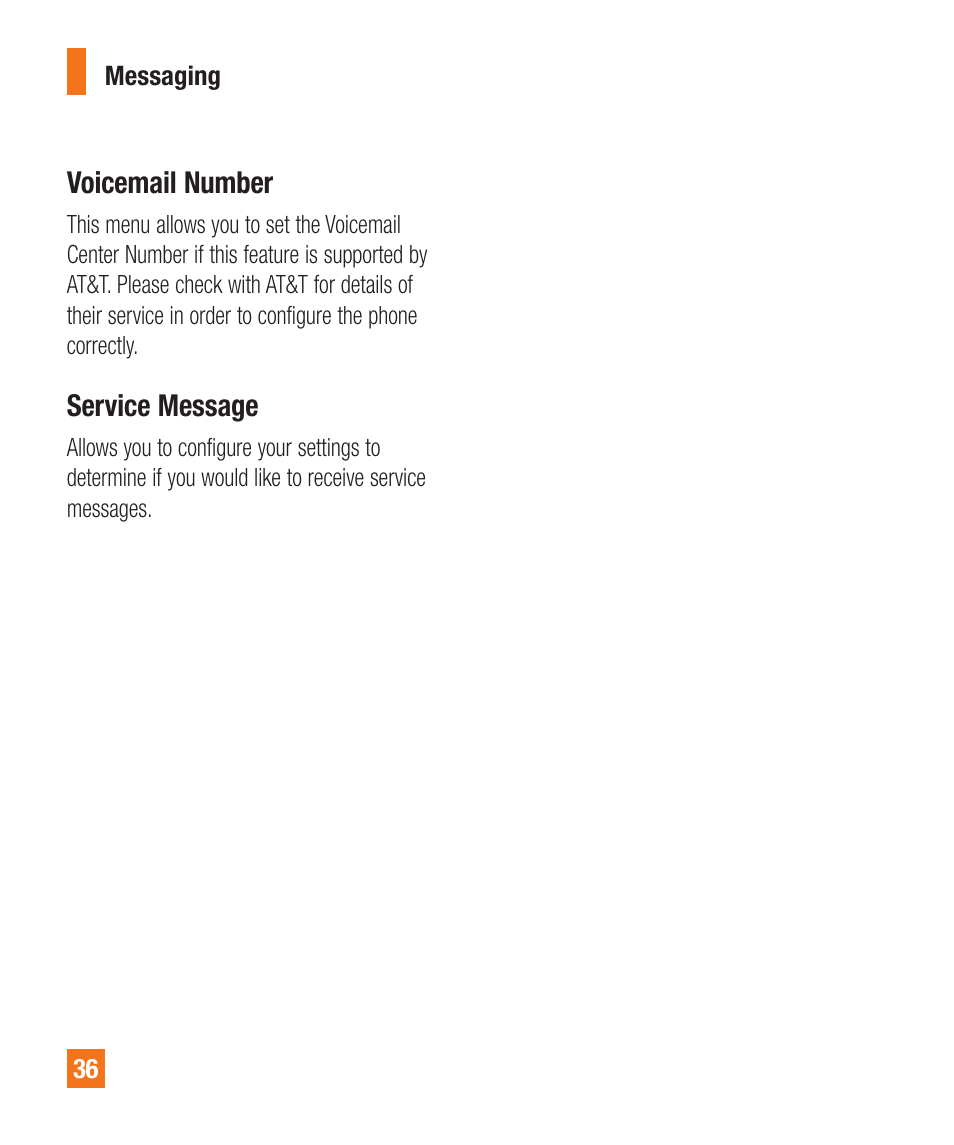 Voicemail number, Service message | LG A380 User Manual | Page 36 / 114