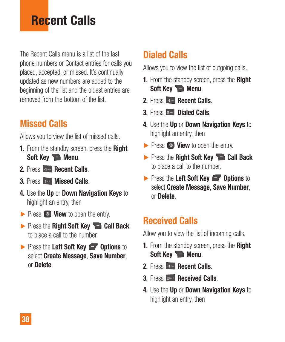 Missed calls, Dialed calls, Received calls | Recent calls | LG A380 User Manual | Page 38 / 114