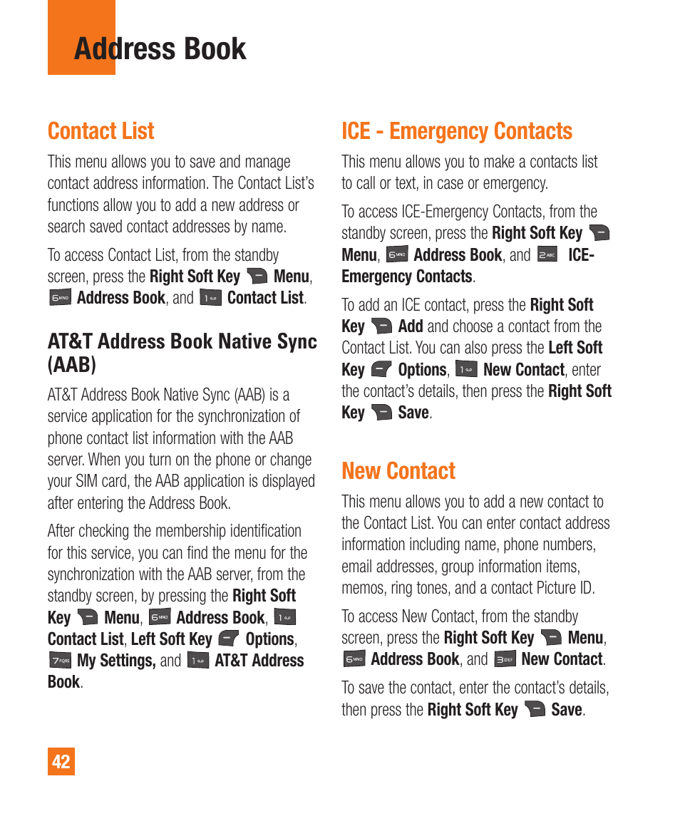 Contact list, Ice - emergency contacts, New contact | Address book, At&t address book native sync (aab) | LG A380 User Manual | Page 42 / 114