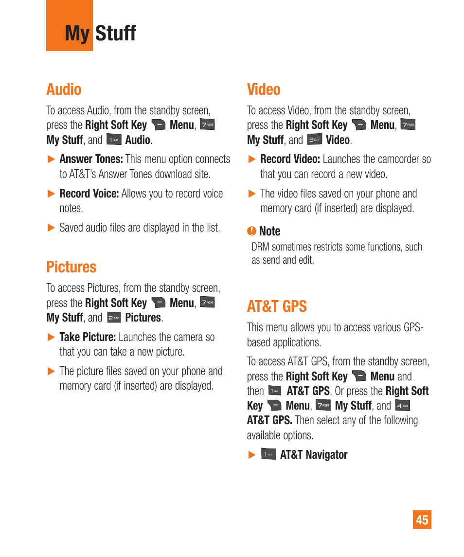 At&t gps, Video, Pictures | Audio, My stuff | LG A380 User Manual | Page 45 / 114