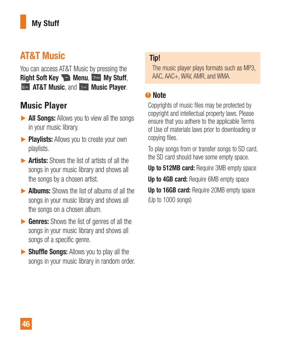 At&t music, Music player | LG A380 User Manual | Page 46 / 114