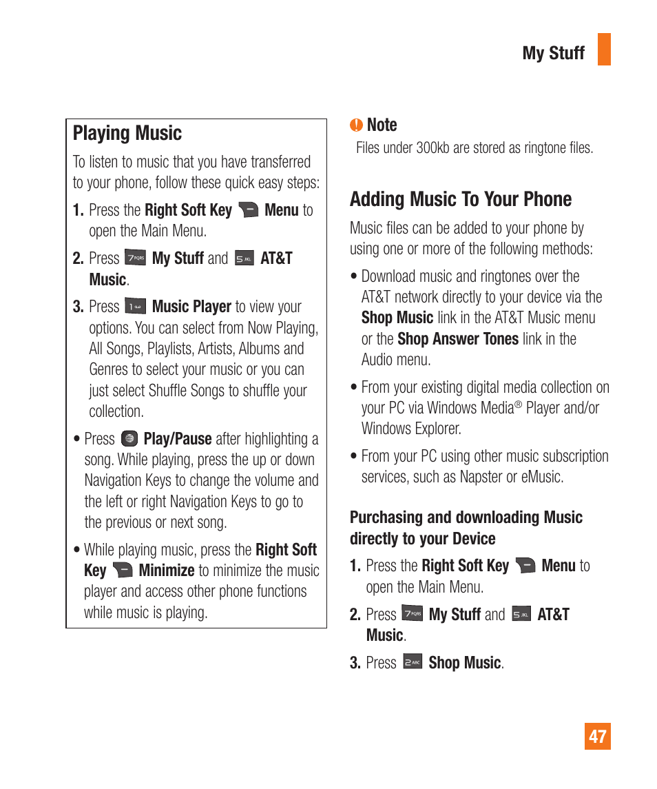 Playing music, Adding music to your phone | LG A380 User Manual | Page 47 / 114