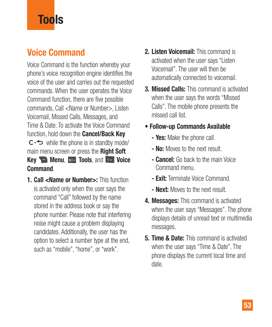 Voice command, Tools | LG A380 User Manual | Page 53 / 114