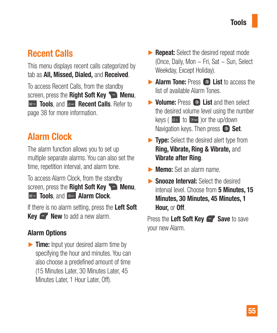 Alarm clock, Recent calls | LG A380 User Manual | Page 55 / 114