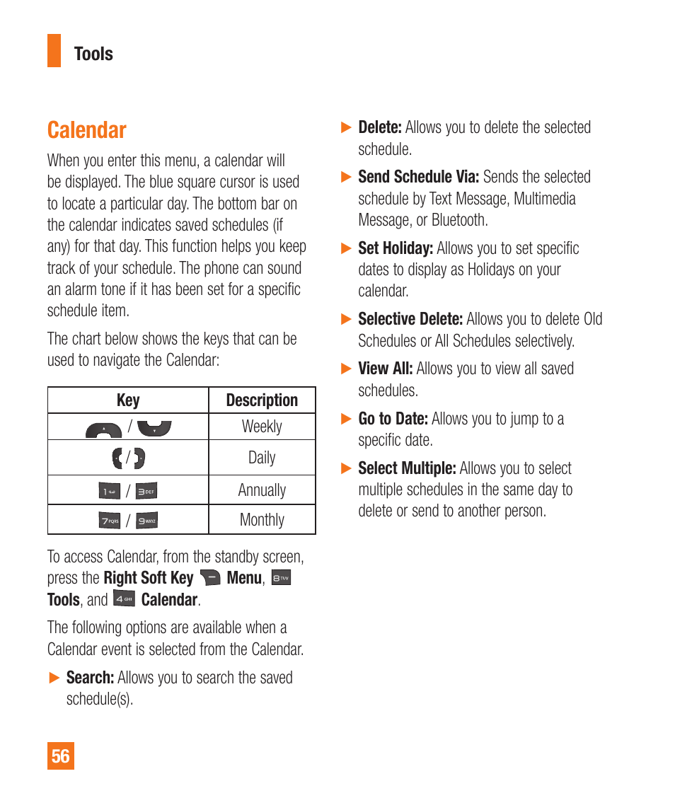 Calendar | LG A380 User Manual | Page 56 / 114