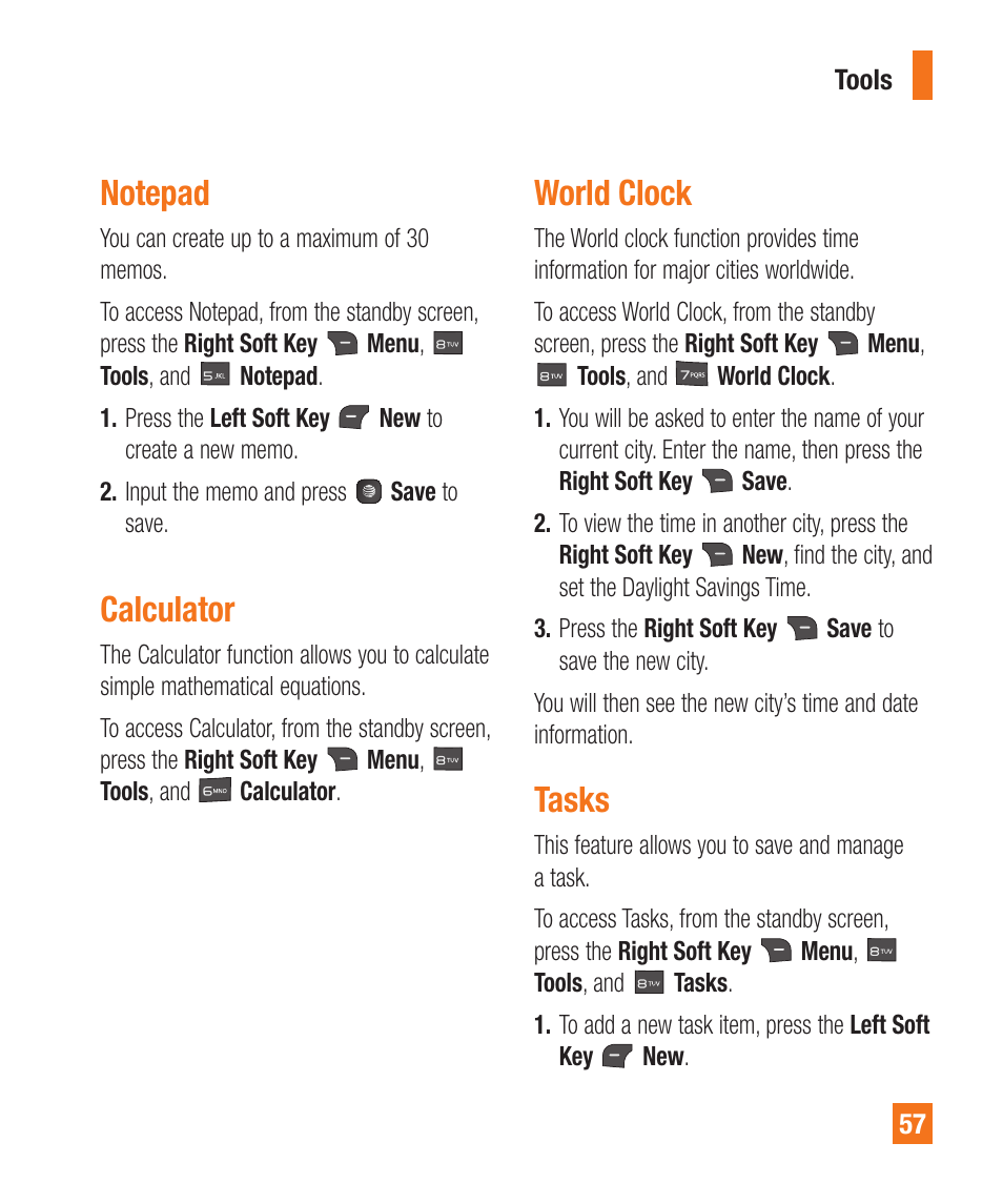 World clock, Tasks, Calculator | Notepad | LG A380 User Manual | Page 57 / 114