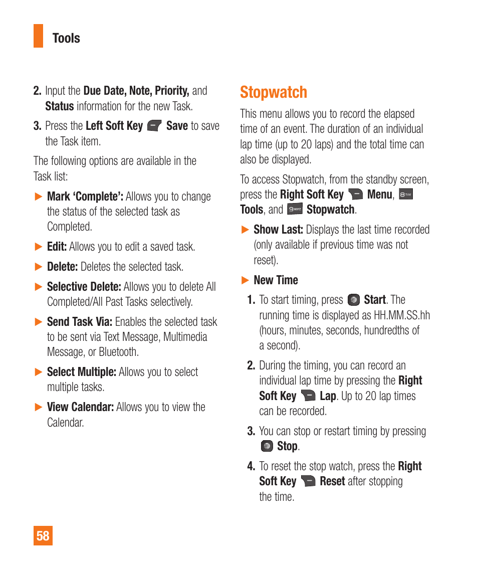 Stopwatch | LG A380 User Manual | Page 58 / 114