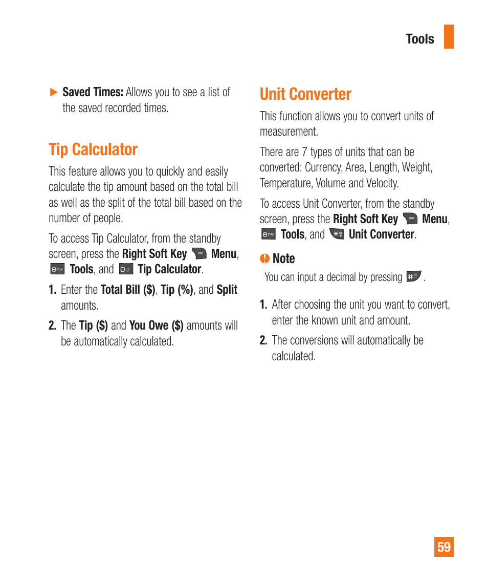 Unit converter, Tip calculator | LG A380 User Manual | Page 59 / 114