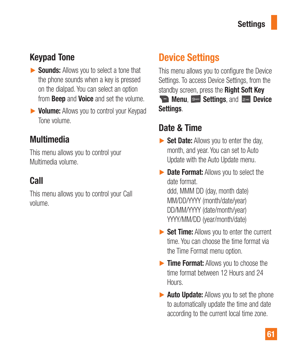 Device settings, Date & time, Keypad tone | Multimedia, Call | LG A380 User Manual | Page 61 / 114