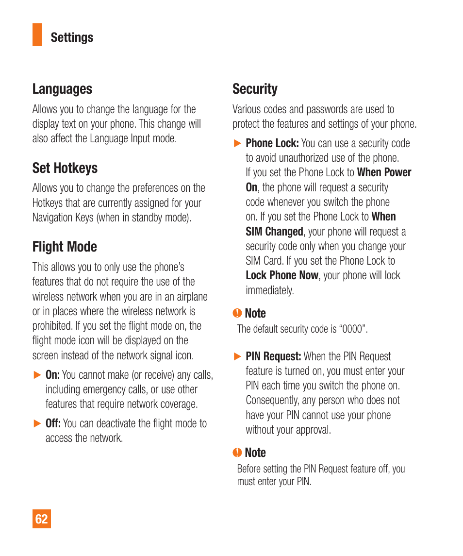 Languages, Set hotkeys, Flight mode | Security | LG A380 User Manual | Page 62 / 114