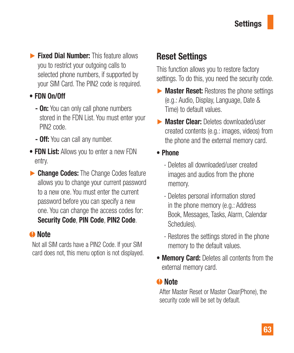 Reset settings | LG A380 User Manual | Page 63 / 114