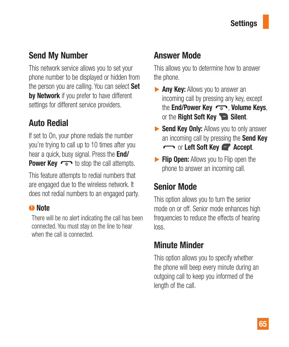 Send my number, Auto redial, Answer mode | Senior mode, Minute minder | LG A380 User Manual | Page 65 / 114