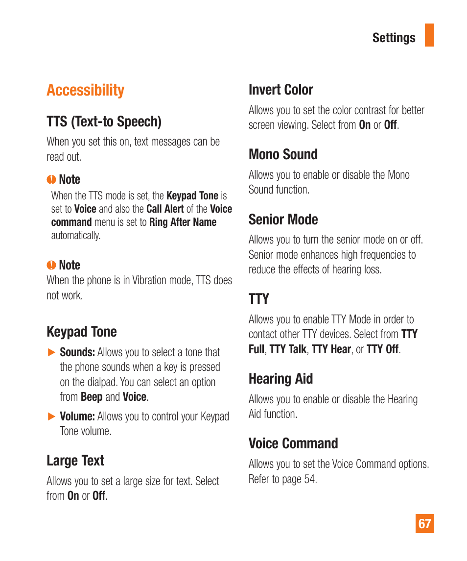 Accessibility, Tts (text-to speech), Keypad tone | Large text, Invert color, Mono sound, Senior mode, Hearing aid, Voice command | LG A380 User Manual | Page 67 / 114