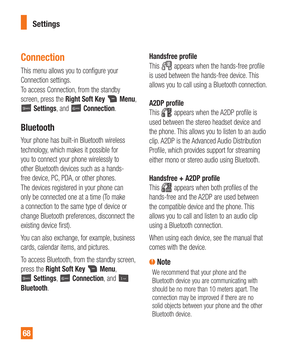 Connection, Bluetooth | LG A380 User Manual | Page 68 / 114