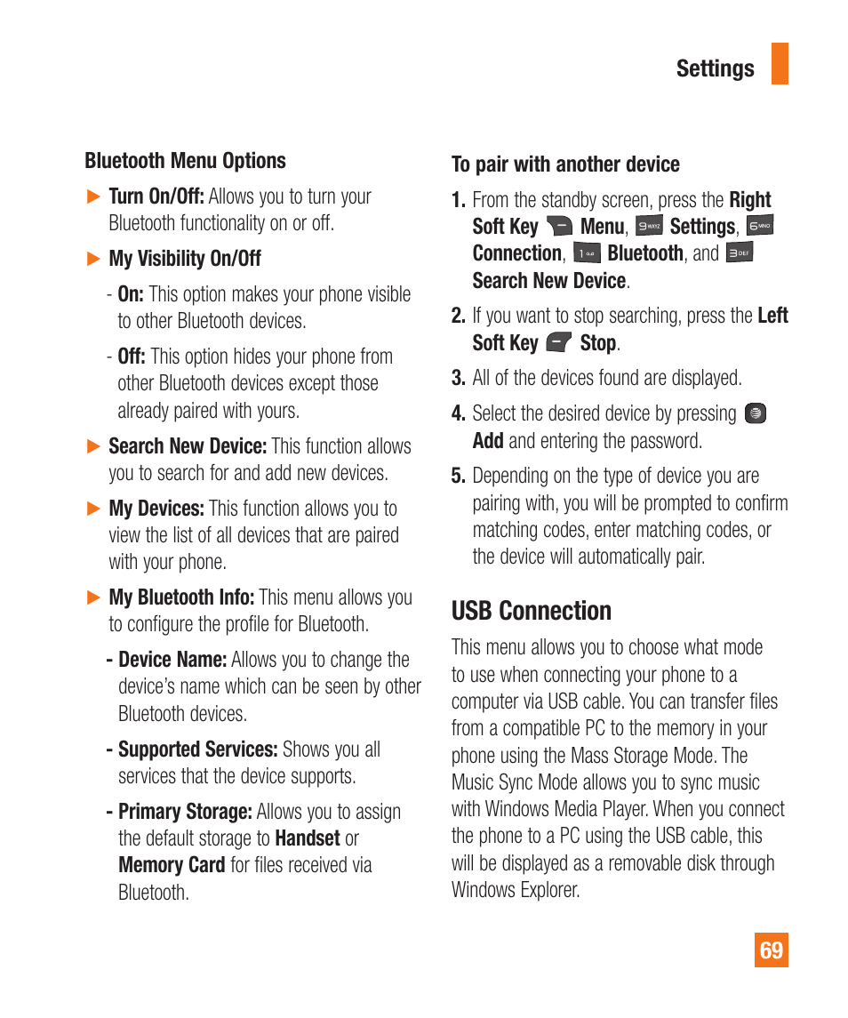 Usb connection | LG A380 User Manual | Page 69 / 114