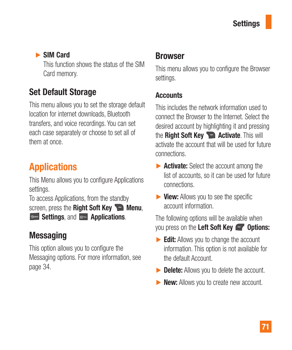 Applications, Messaging, Browser | Set default storage | LG A380 User Manual | Page 71 / 114