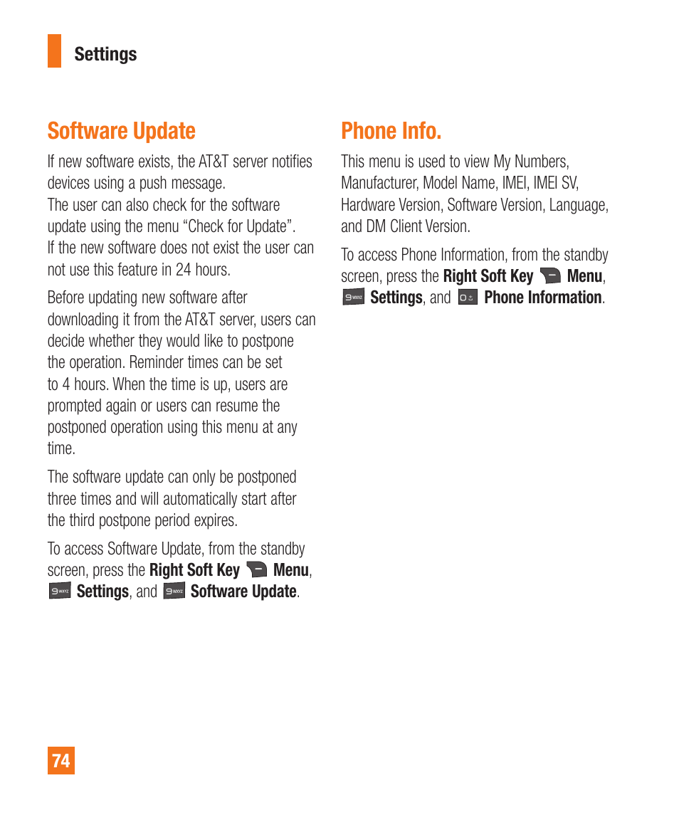 Phone info, Software update | LG A380 User Manual | Page 74 / 114