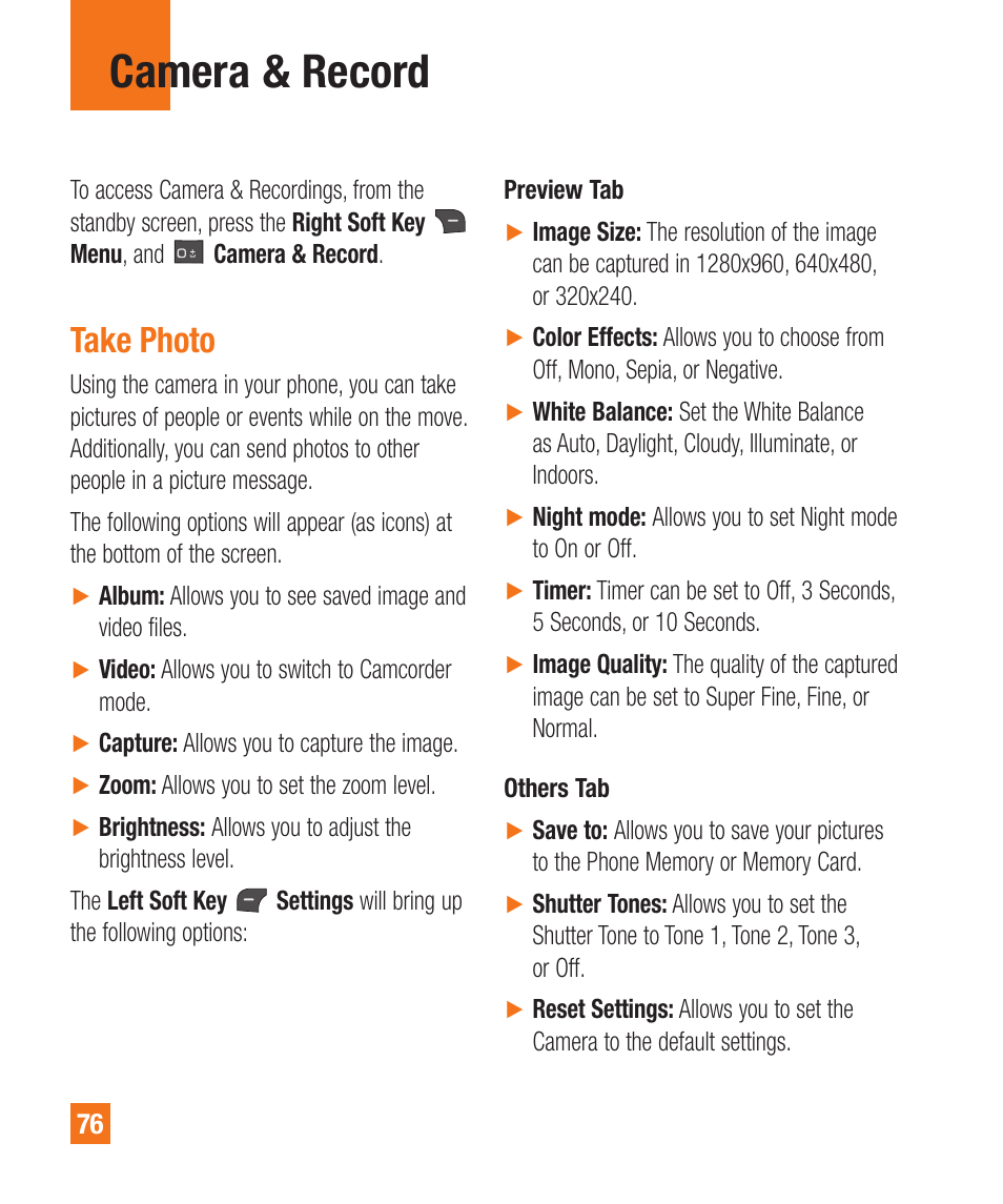 Take photo, Camera & record | LG A380 User Manual | Page 76 / 114