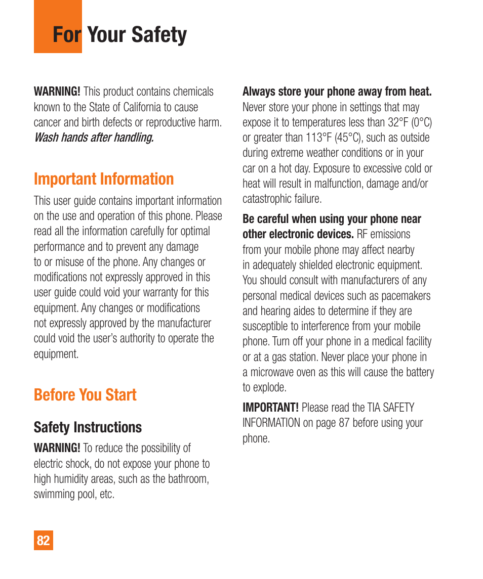 For your safety, Important information, Before you start | LG A380 User Manual | Page 82 / 114